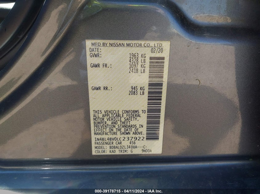 VIN 1N4BL4BV0LC237922 2020 NISSAN ALTIMA S