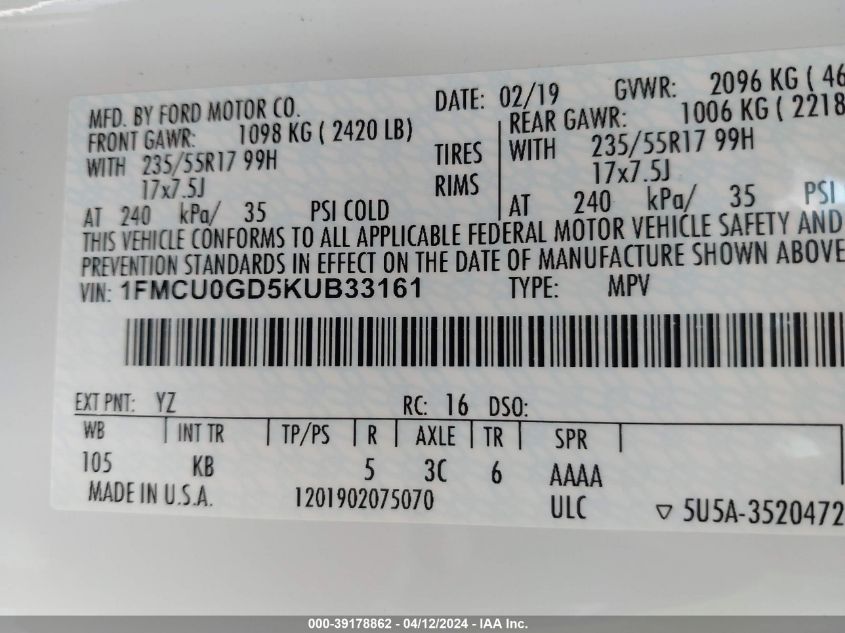 1FMCU0GD5KUB33161 2019 Ford Escape Se