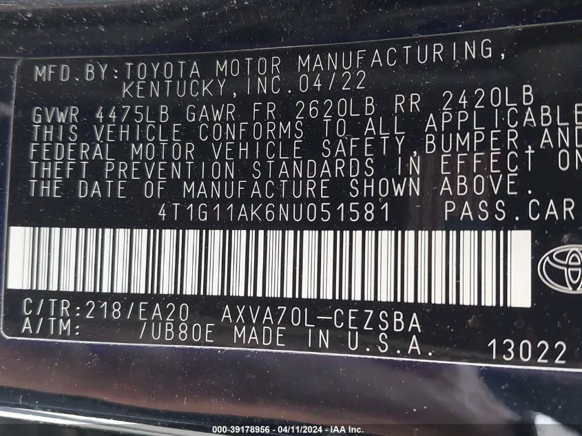 2022 Toyota Camry Se VIN: 4T1G11AK6NU051581 Lot: 39178956