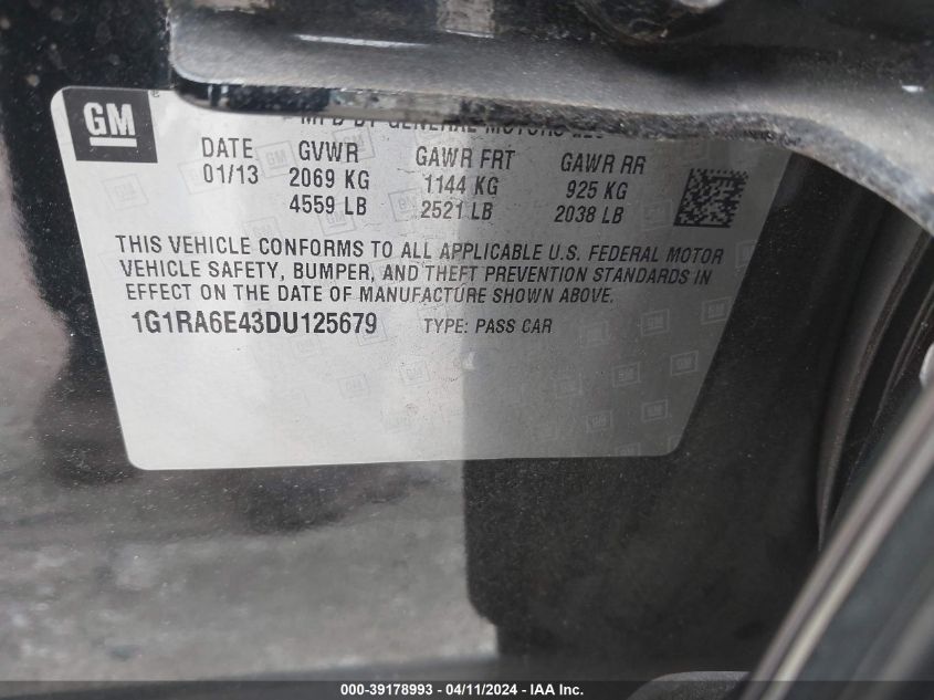 1G1RA6E43DU125679 | 2013 CHEVROLET VOLT