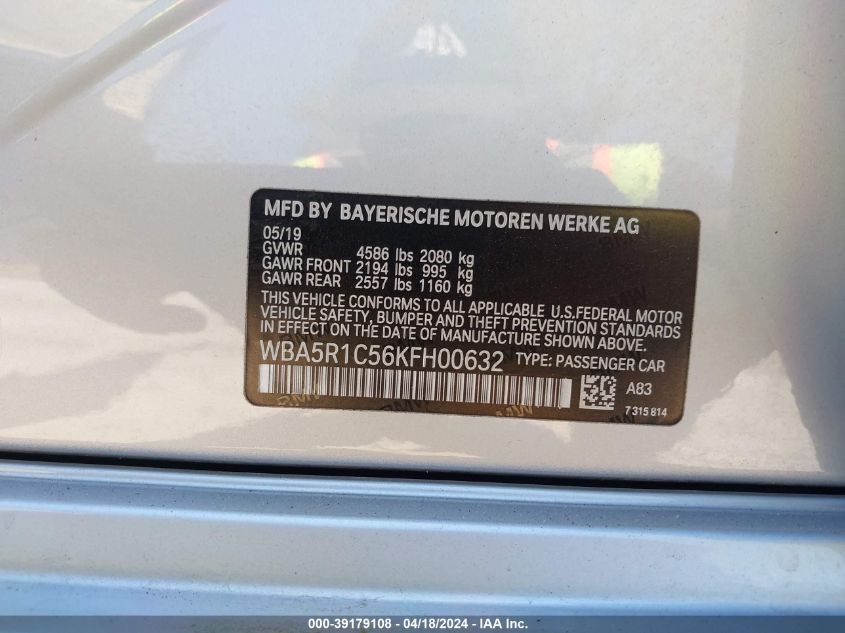 2019 BMW 330I VIN: WBA5R1C56KFH00632 Lot: 39179108