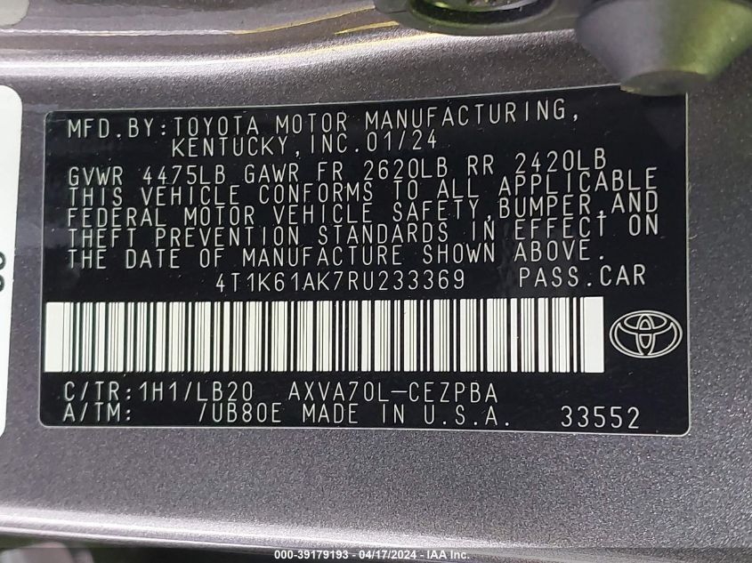 4T1K61AK7RU233369 | 2024 TOYOTA CAMRY