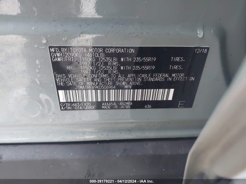 2019 TOYOTA RAV4 XLE PREMIUM - JTMA1RFV9KD506964