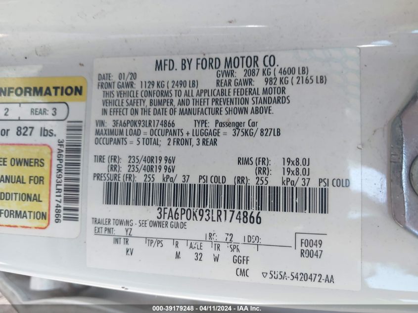 2020 Ford Fusion Titanium VIN: 3FA6P0K93LR174866 Lot: 39179248