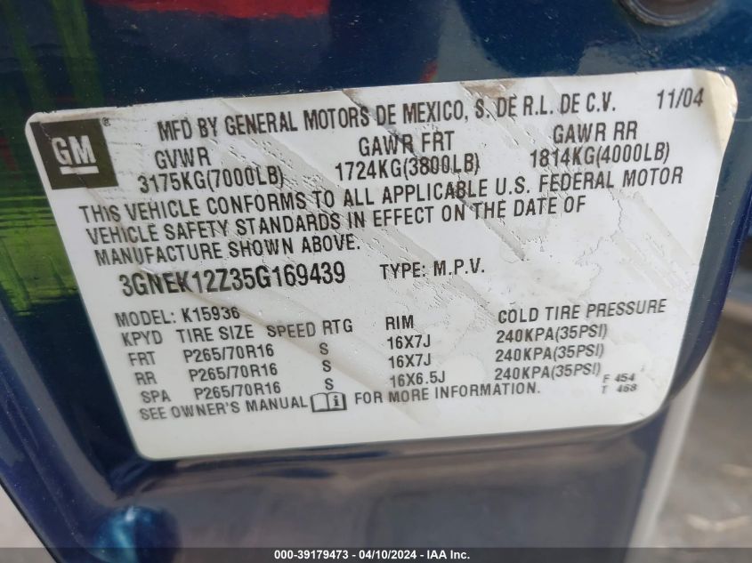 3GNEK12Z35G169439 | 2005 CHEVROLET AVALANCHE 1500