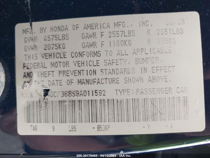 1HGCP36859A011592 | 2009 HONDA ACCORD