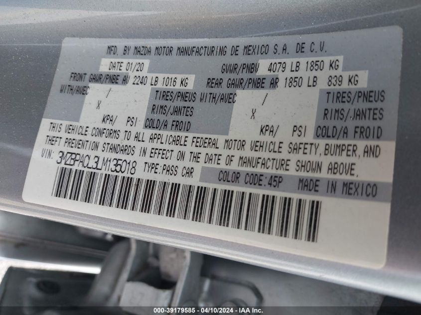 2020 Mazda Mazda3 Select Package VIN: 3MZBPACL3LM135018 Lot: 39179585