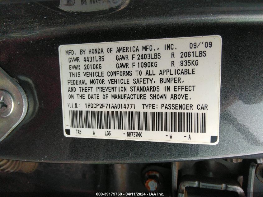 1HGCP2F71AA014771 | 2010 HONDA ACCORD