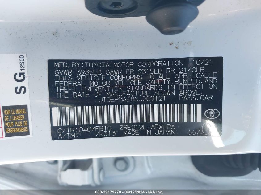 2022 Toyota Corolla Le VIN: JTDEPMAE8NJ209121 Lot: 39179770