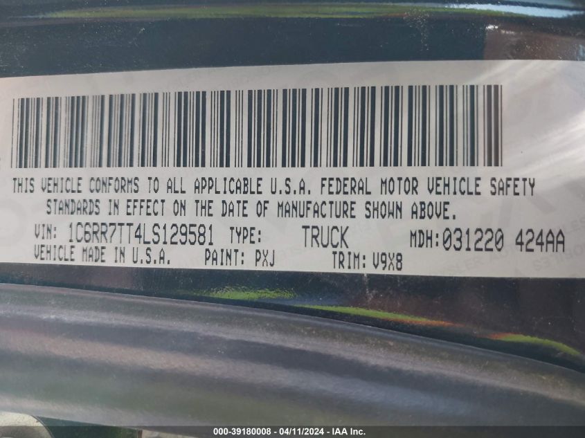 2020 Ram 1500 Classic Slt 4X4 6'4 Box VIN: 1C6RR7TT4LS129581 Lot: 39180008