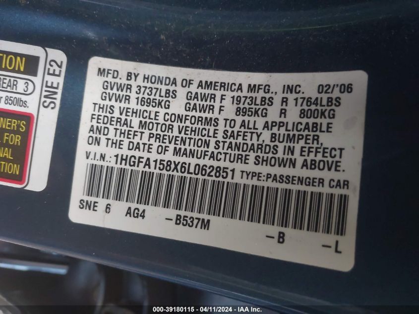 1HGFA158X6L062851 | 2006 HONDA CIVIC