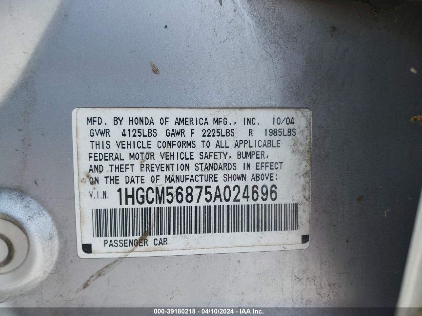 1HGCM56875A024696 | 2005 HONDA ACCORD