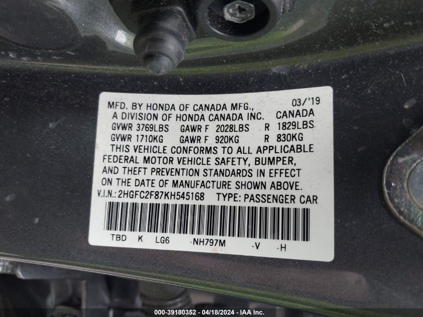 2019 Honda Civic Sport VIN: 2HGFC2F87KH545168 Lot: 39180352