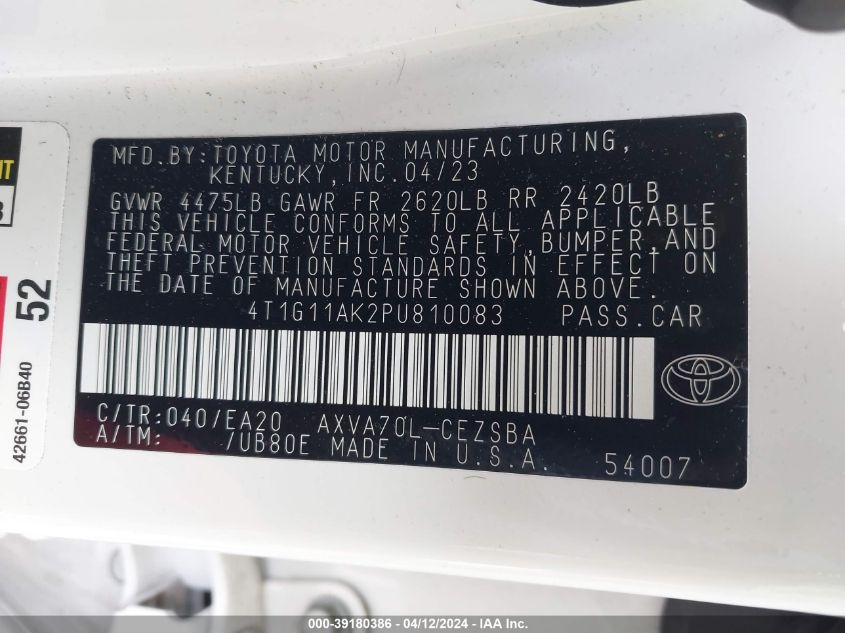 4T1G11AK2PU810083 | 2023 TOYOTA CAMRY