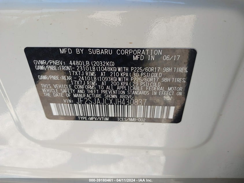 VIN JF2SJAJCXJH430837 2018 SUBARU FORESTER 2.5I LIMITED