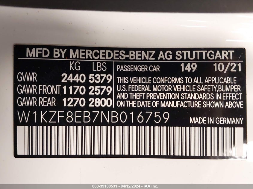 2022 MERCEDES-BENZ E-CLASS VIN: W1KZF8EB7NB016759