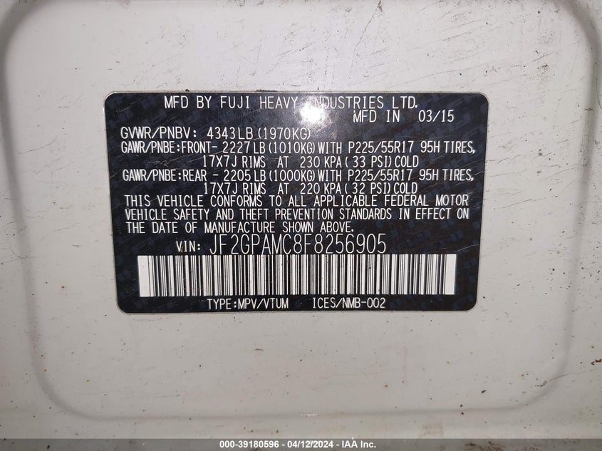 2015 SUBARU XV CROSSTREK 2.0 LIMITED - JF2GPAMC8F8256905