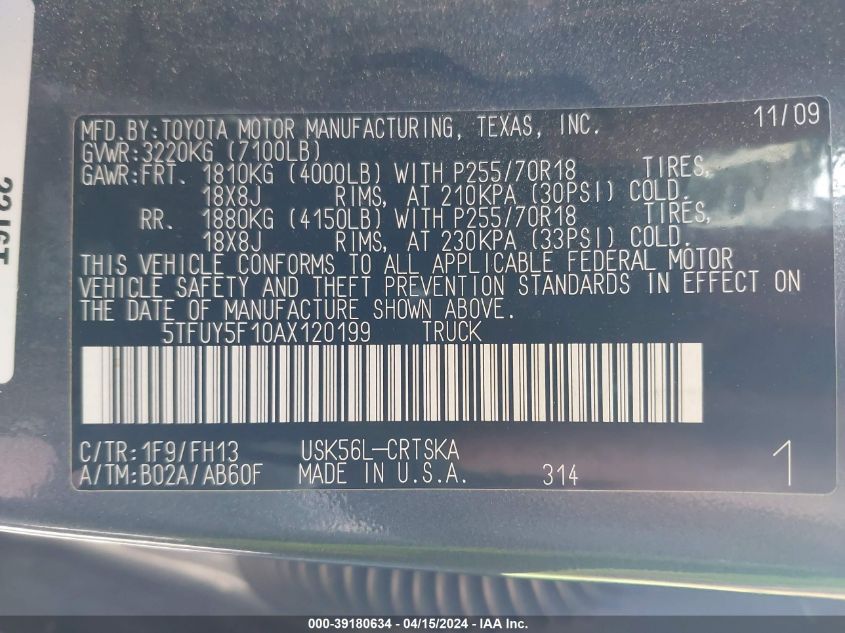 2010 Toyota Tundra Grade 5.7L V8 VIN: 5TFUY5F10AX120199 Lot: 39180634