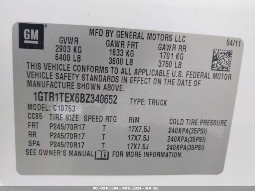 2011 GMC Sierra 1500 Work Truck VIN: 1GTR1TEX6BZ340652 Lot: 39180784