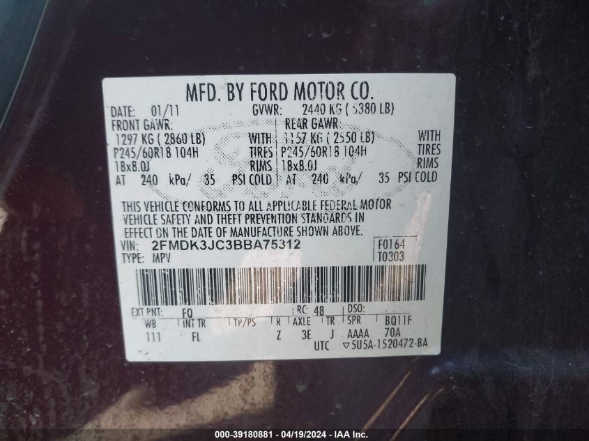 2011 Ford Edge Sel VIN: 2FMDK3JC3BBA75312 Lot: 39180881