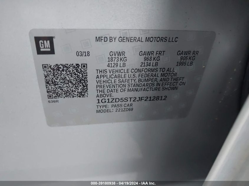 2018 Chevrolet Malibu Lt VIN: 1G1ZD5ST2JF212812 Lot: 39180938