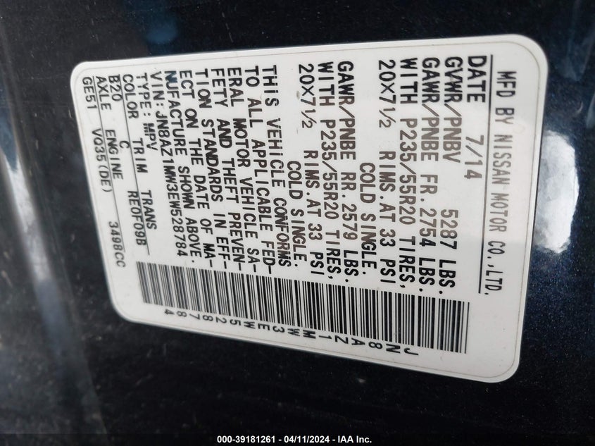 2014 NISSAN MURANO S/SL/SV/LE - JN8AZ1MW3EW528784