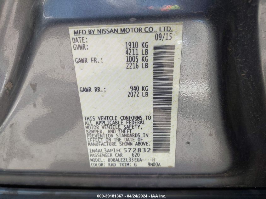 2015 Nissan Altima 2.5 S VIN: 1N4AL3AP1FC572832 Lot: 39181367