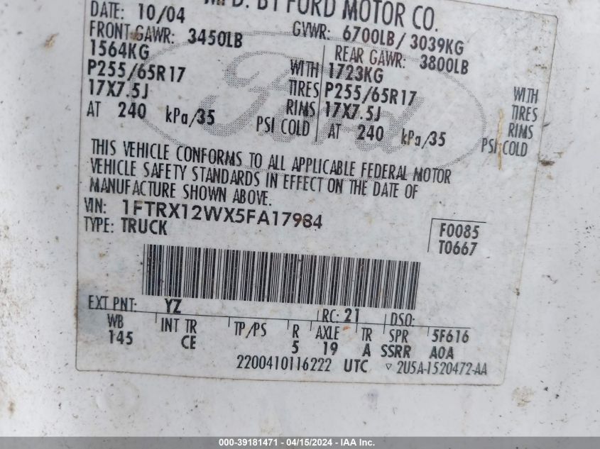 1FTRX12WX5FA17984 | 2005 FORD F-150