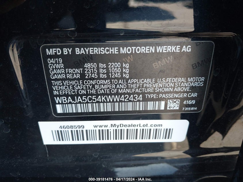 VIN WBAJA5C54KWW42434 2019 BMW 530I