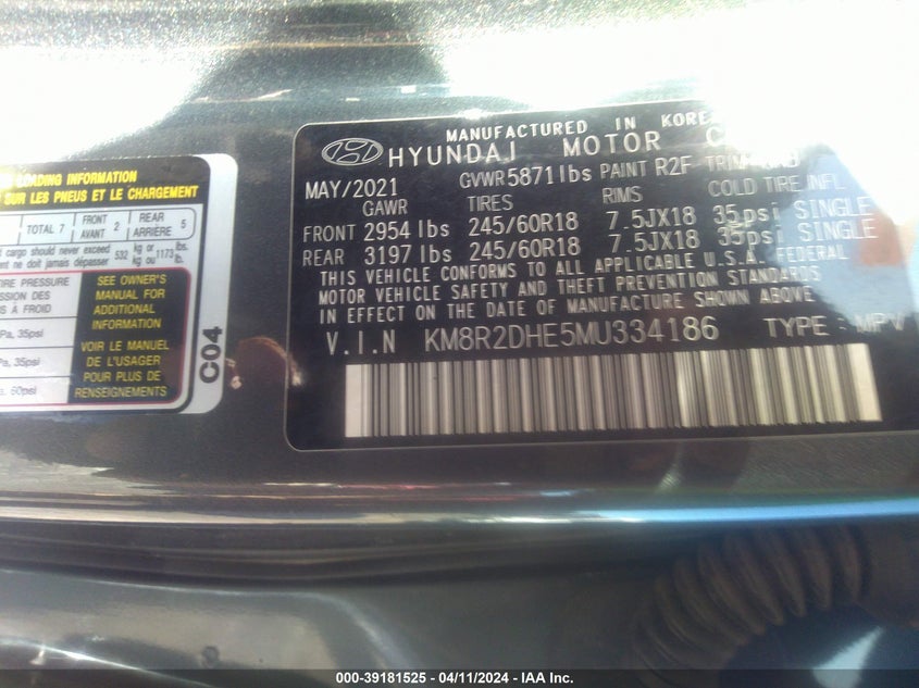 2021 HYUNDAI PALISADE SEL - KM8R2DHE5MU334186