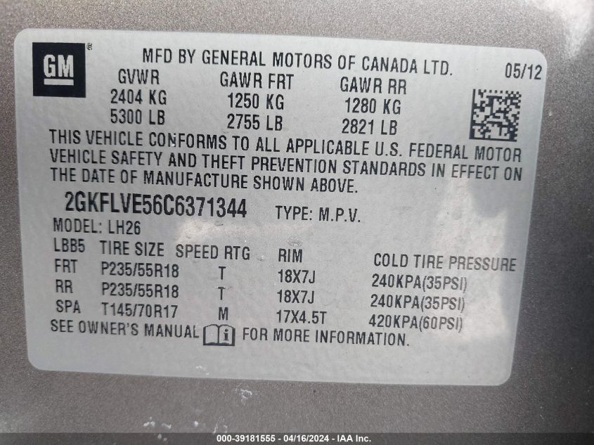 2012 GMC Terrain Slt-1 VIN: 2GKFLVE56C6371344 Lot: 39181555