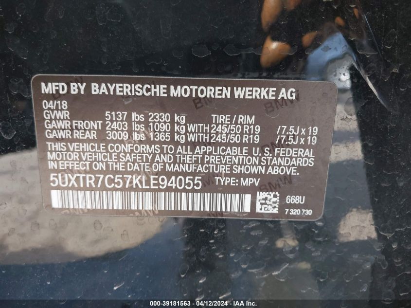 2019 BMW X3 SDRIVE30I - 5UXTR7C57KLE94055