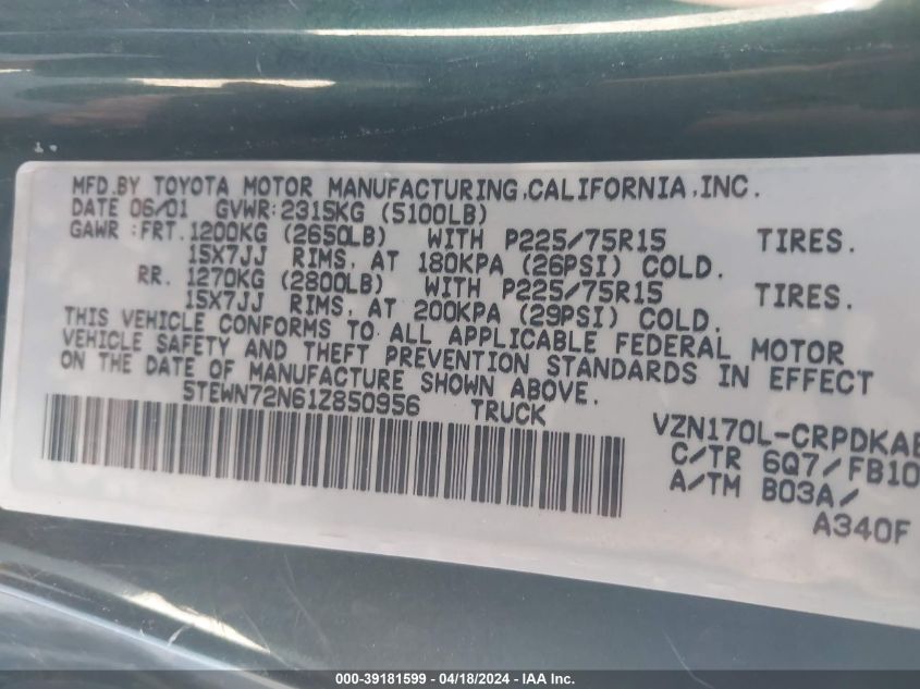 2001 Toyota Tacoma Base V6 VIN: 5TEWN72N61Z850956 Lot: 39181599