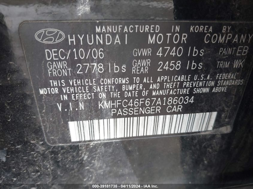 KMHFC46F67A186034 2007 Hyundai Azera Limited/Se