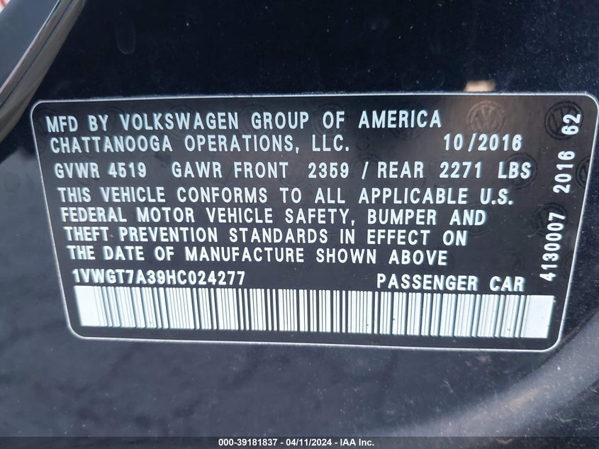 VIN 1VWGT7A39HC024277 2017 VOLKSWAGEN PASSAT SE