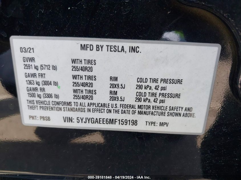 2021 Tesla Model Y Long Range Dual Motor All-Wheel Drive VIN: 5YJYGAEE6MF159198 Lot: 39181848