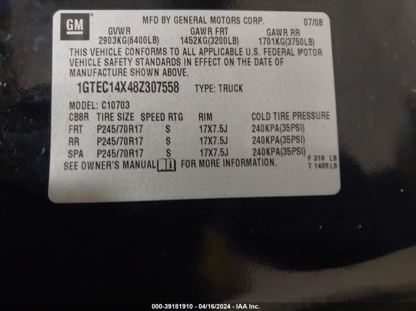 1GTEC14X48Z307558 2008 GMC Sierra 1500