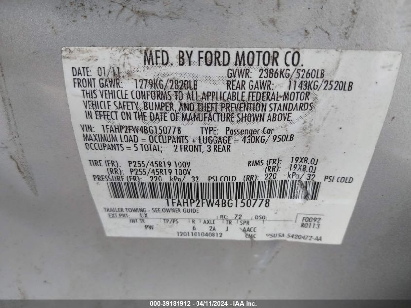 2011 Ford Taurus Limited VIN: 1FAHP2FW4BG150778 Lot: 39181912