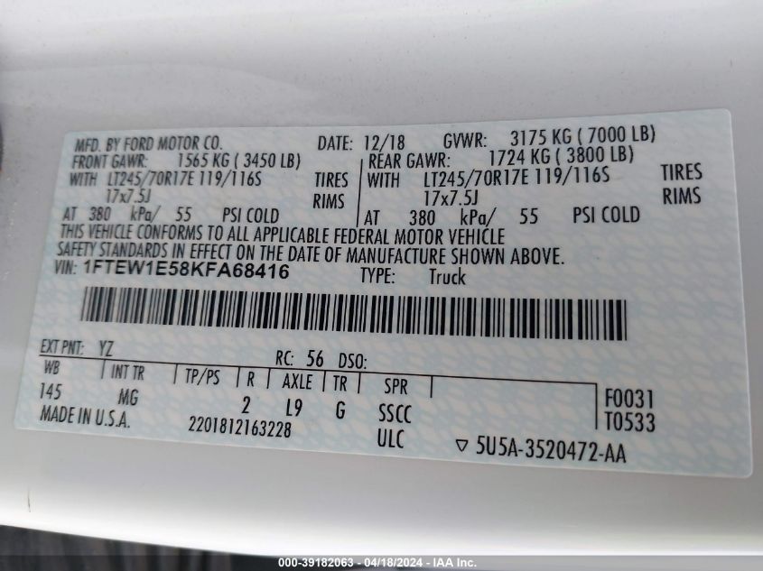 2019 Ford F-150 Xlt VIN: 1FTEW1E58KFA68416 Lot: 39182063
