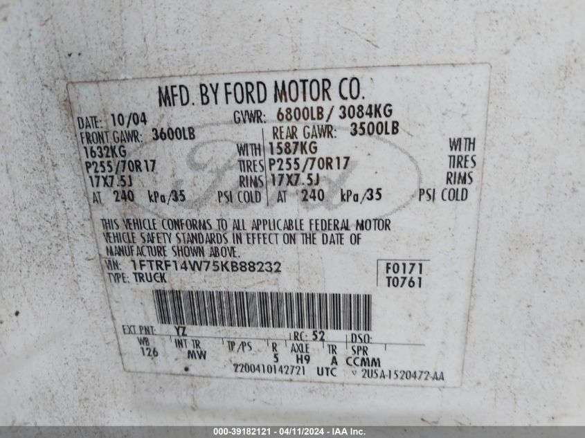 1FTRF14W75KB88232 2005 Ford F-150 Stx/Xl/Xlt