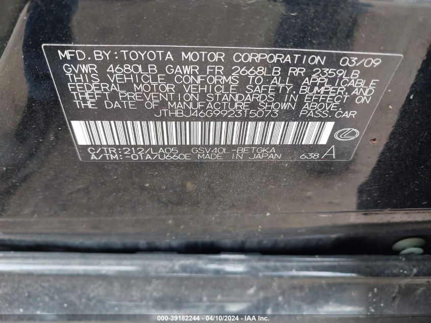 JTHBJ46G992315073 | 2009 LEXUS ES 350