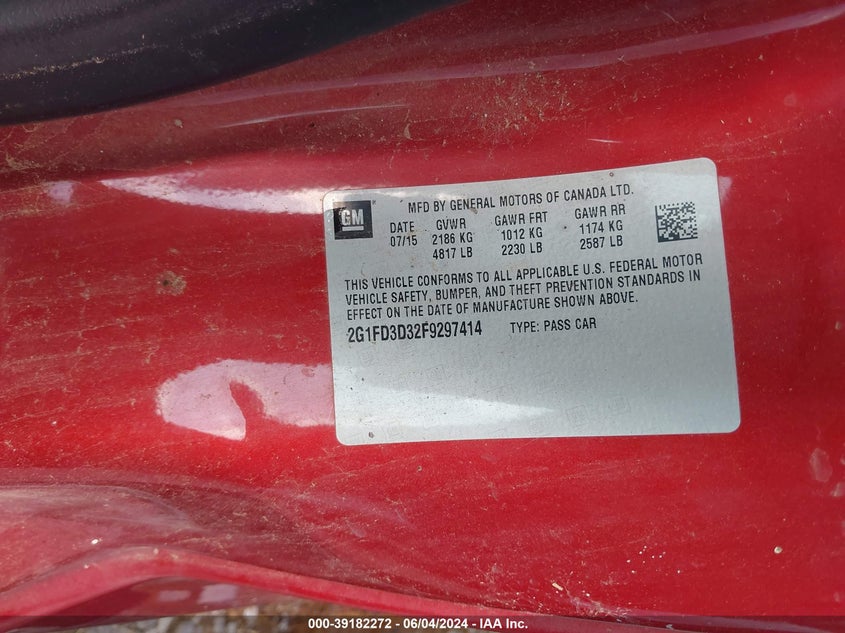 2015 Chevrolet Camaro 1Lt VIN: 2G1FD3D32F9297414 Lot: 39182272