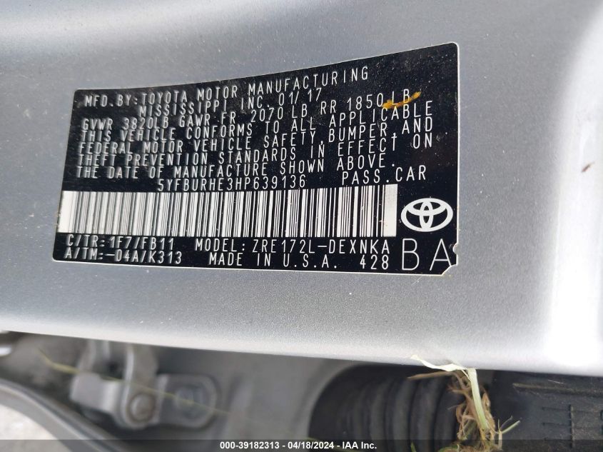 2017 Toyota Corolla Le VIN: 5YFBURHE3HP639136 Lot: 39241330