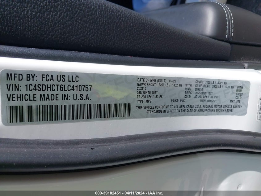 2020 DODGE DURANGO R/T - 1C4SDHCT6LC410757