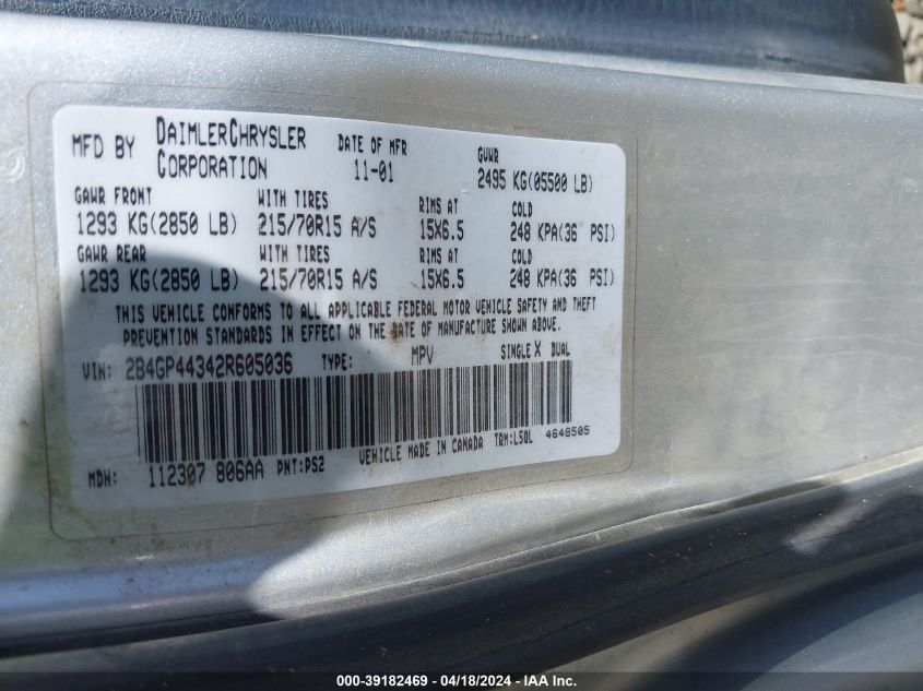 2002 Dodge Grand Caravan Sport VIN: 2B4GP44342R605036 Lot: 39182469