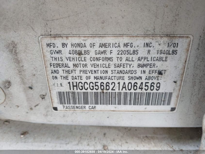 2001 Honda Accord 2.3 Ex VIN: 1HGCG56621A064569 Lot: 39182688