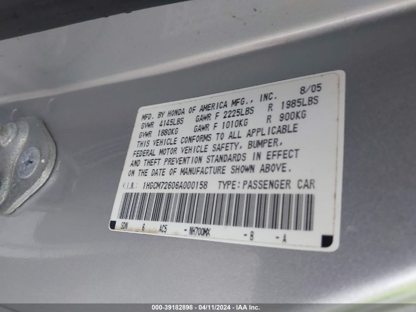 1HGCM72606A000158 | 2006 HONDA ACCORD