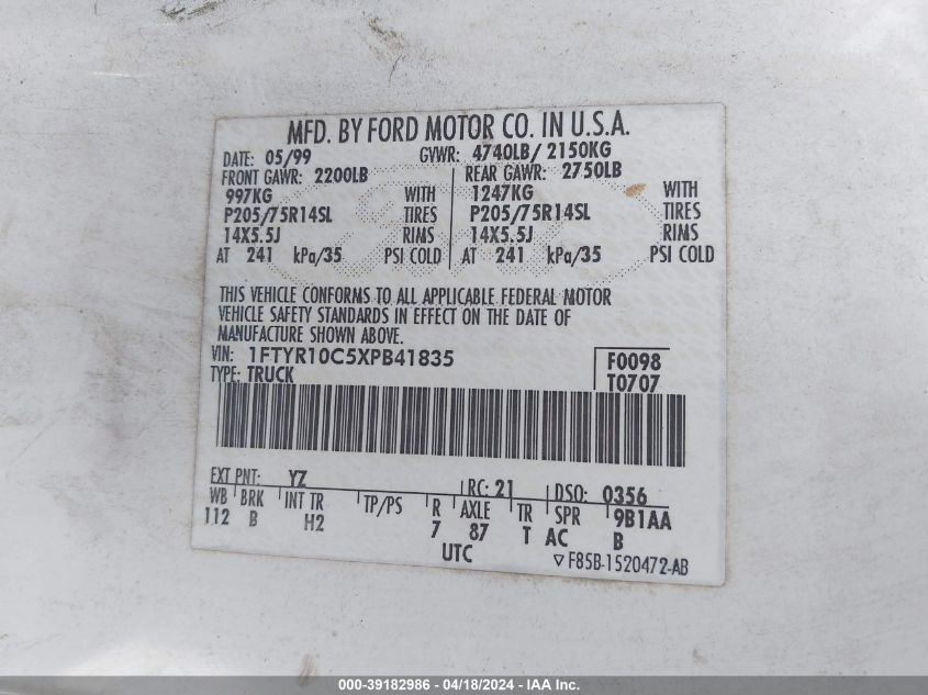 1999 Ford Ranger Xl/Xlt VIN: 1FTYR10C5XPB41835 Lot: 39241390