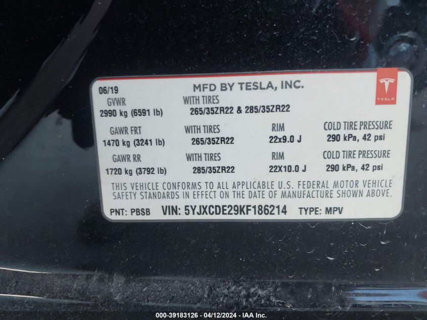 5YJXCDE29KF186214 2019 Tesla Model X