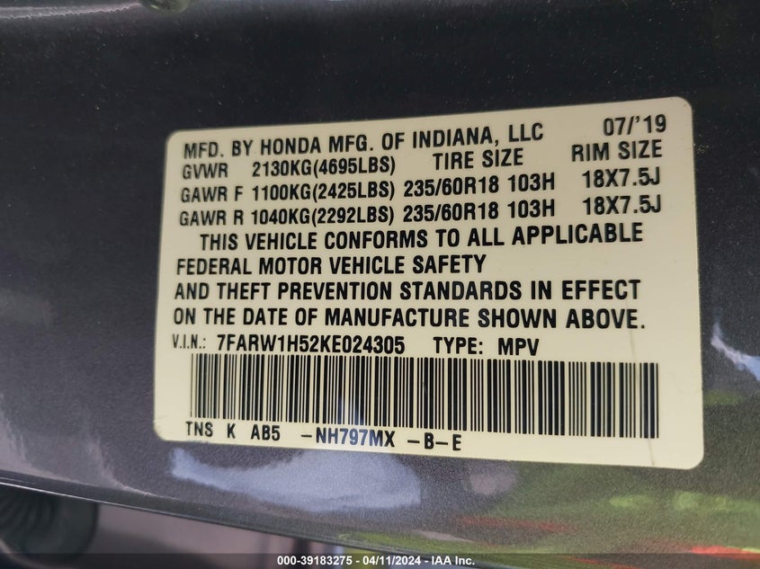 VIN 7FARW1H52KE024305 2019 HONDA CR-V EX